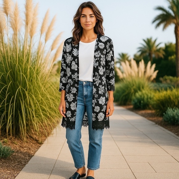 oneA Sweaters - Women’s OneA Long Sweater Size Small Black/White Flowers